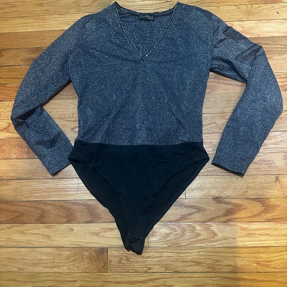 Pierre Mantoux Bodywear Gray Glitter Black Bodysuit Rhinestone Made Italy L